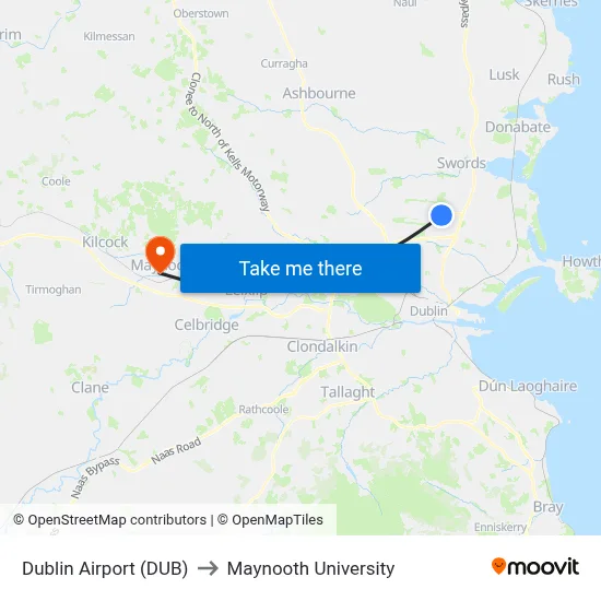 Dublin Airport (DUB) to Maynooth University map
