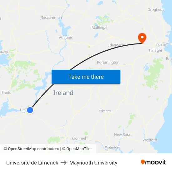 Université de Limerick to Maynooth University map
