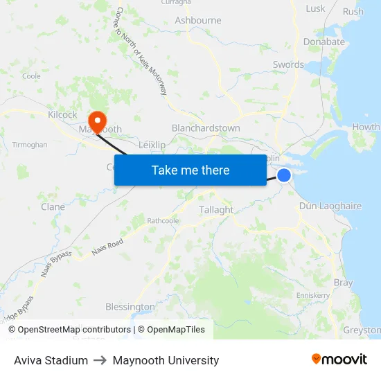Aviva Stadium to Maynooth University map