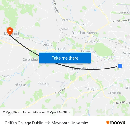 Griffith College Dublin to Maynooth University map