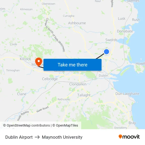 Dublin Airport to Maynooth University map
