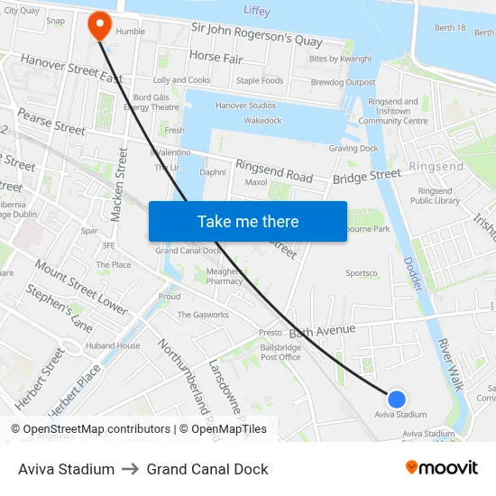 Aviva Stadium to Grand Canal Dock map