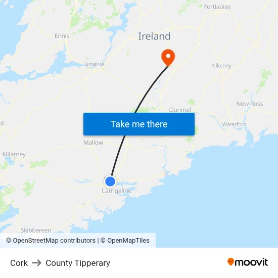 Cork to County Tipperary map