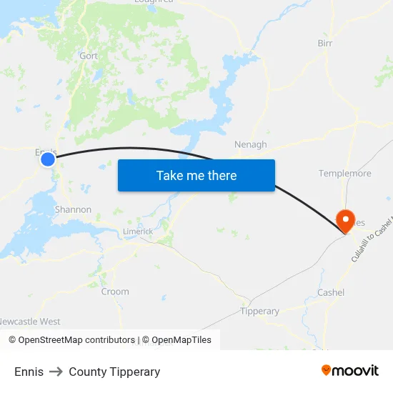 Ennis to County Tipperary map