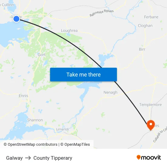 Galway to County Tipperary map