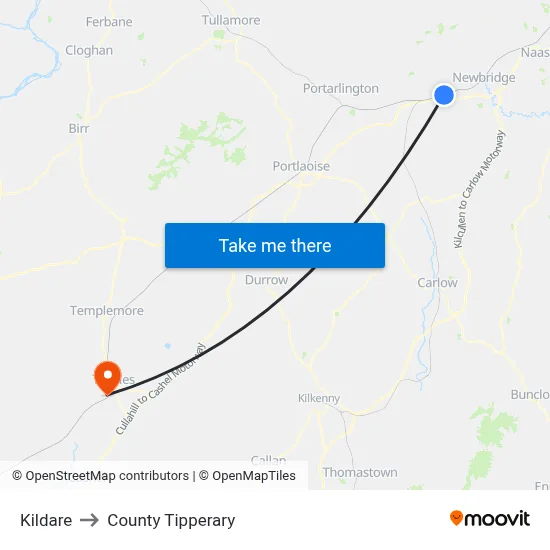 Kildare to County Tipperary map