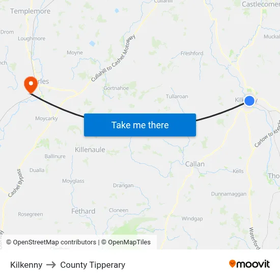 Kilkenny to County Tipperary map