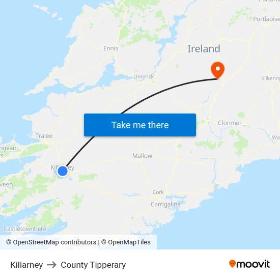 Killarney to County Tipperary map