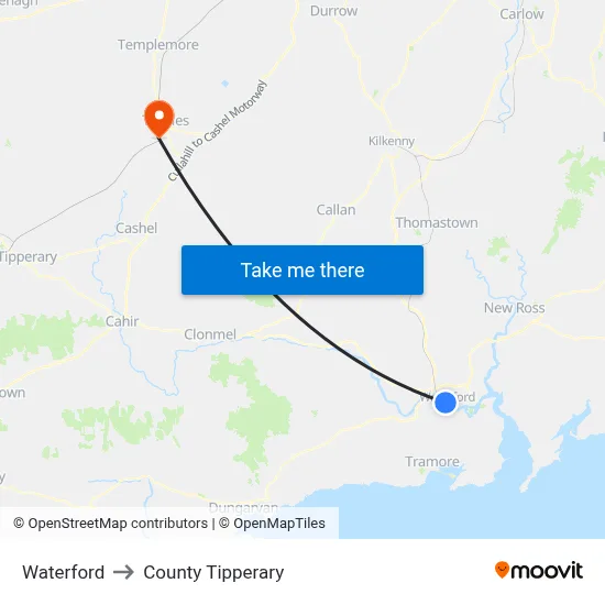 Waterford to County Tipperary map