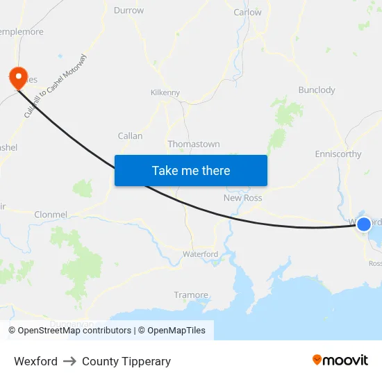 Wexford to County Tipperary map