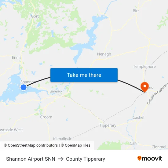Shannon Airport SNN to County Tipperary map