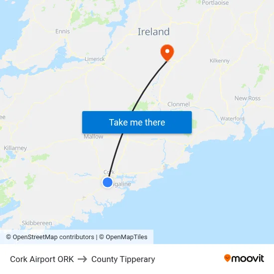 Cork Airport ORK to County Tipperary map