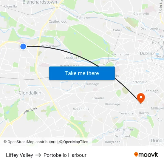 Liffey Valley to Portobello Harbour map
