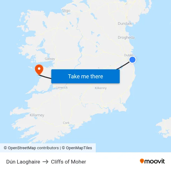 Dún Laoghaire to Cliffs of Moher map