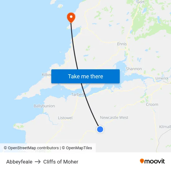 Abbeyfeale to Cliffs of Moher map