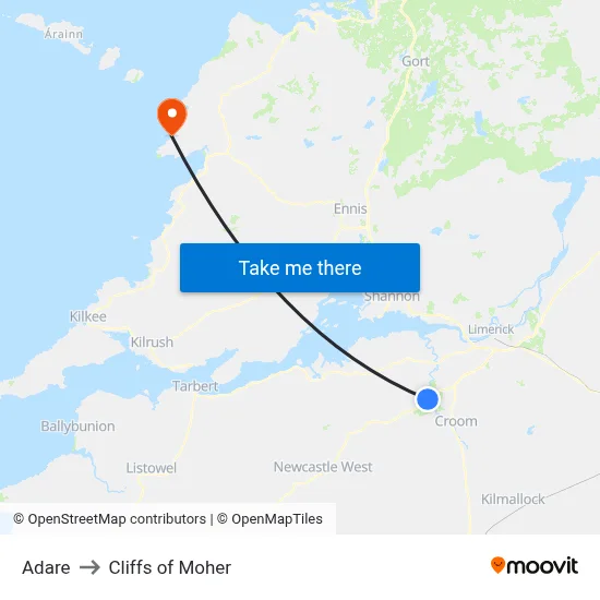 Adare to Cliffs of Moher map