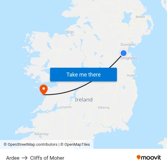 Ardee to Cliffs of Moher map
