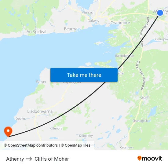 Athenry to Cliffs of Moher map