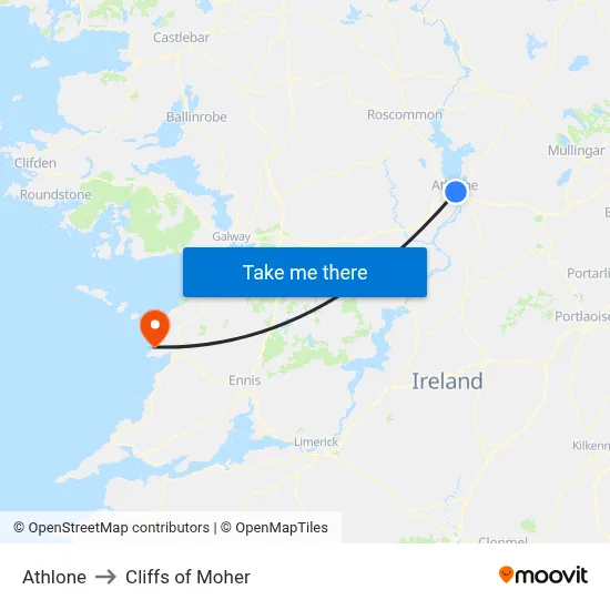Athlone to Cliffs of Moher map