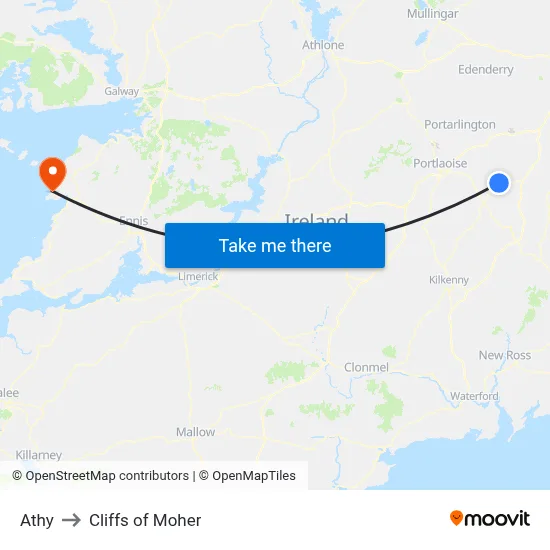 Athy to Cliffs of Moher map