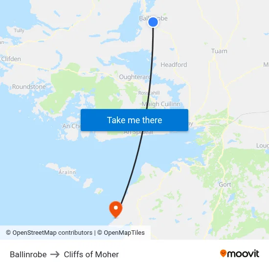 Ballinrobe to Cliffs of Moher map