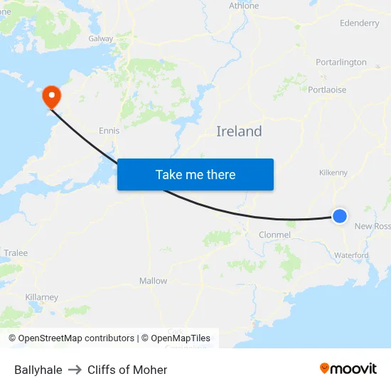 Ballyhale to Cliffs of Moher map