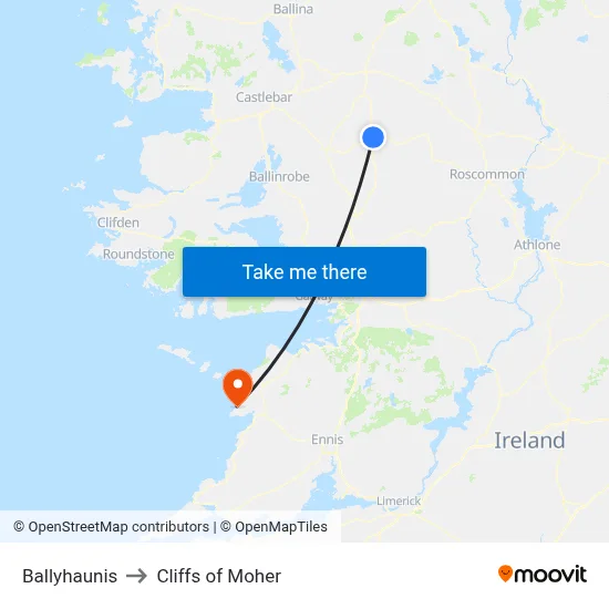 Ballyhaunis to Cliffs of Moher map