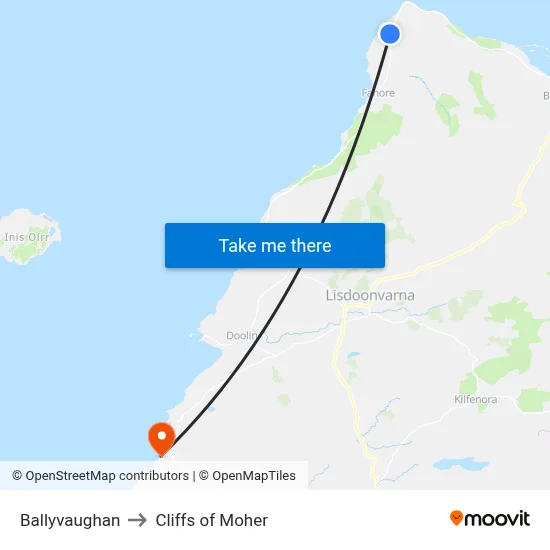 Ballyvaughan to Cliffs of Moher map