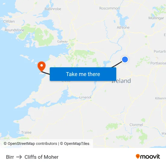 Birr to Cliffs of Moher map