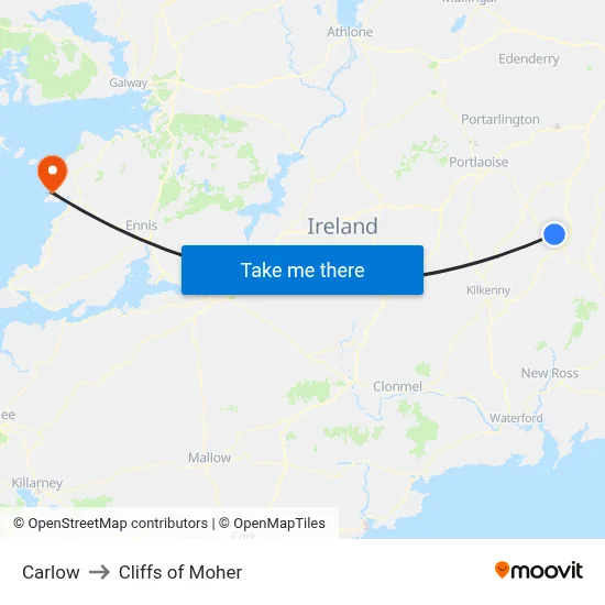 Carlow to Cliffs of Moher map