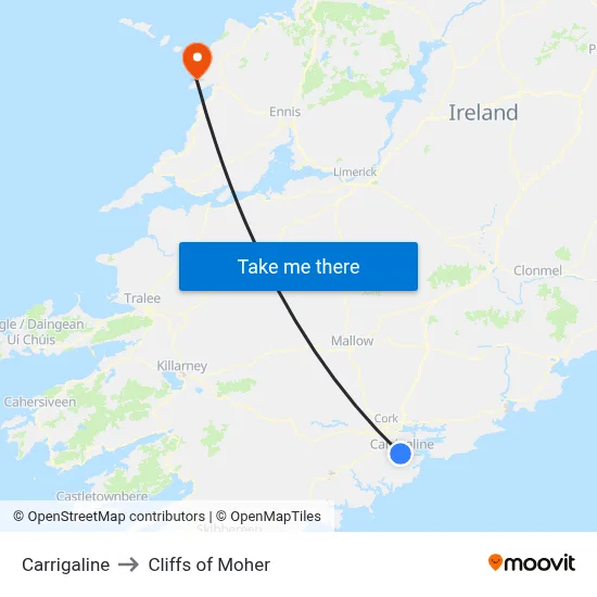 Carrigaline to Cliffs of Moher map