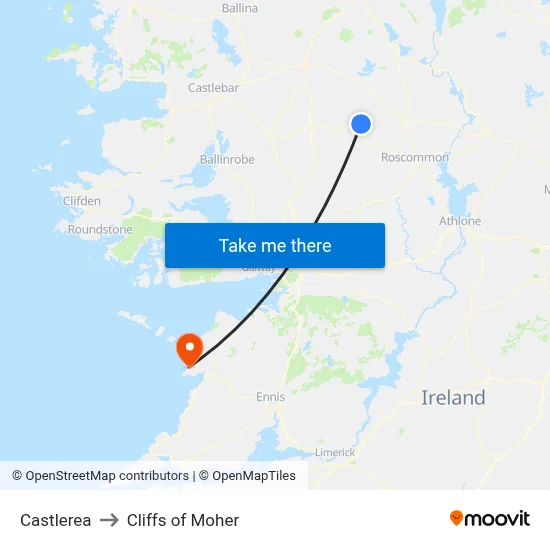 Castlerea to Cliffs of Moher map