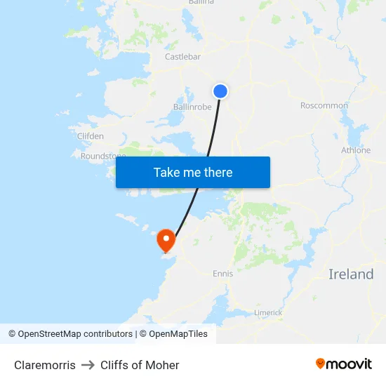 Claremorris to Cliffs of Moher map