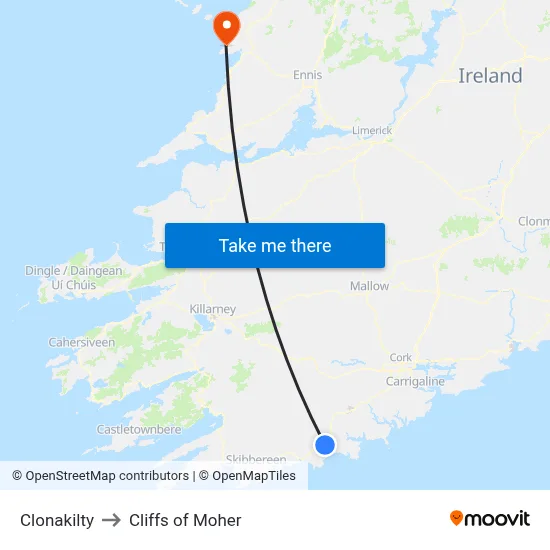 Clonakilty to Cliffs of Moher map