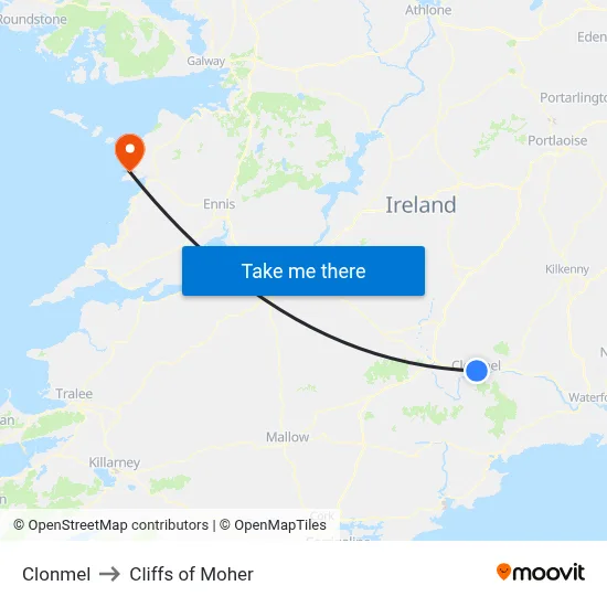 Clonmel to Cliffs of Moher map