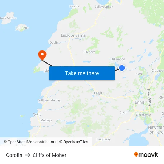 Corofin to Cliffs of Moher map