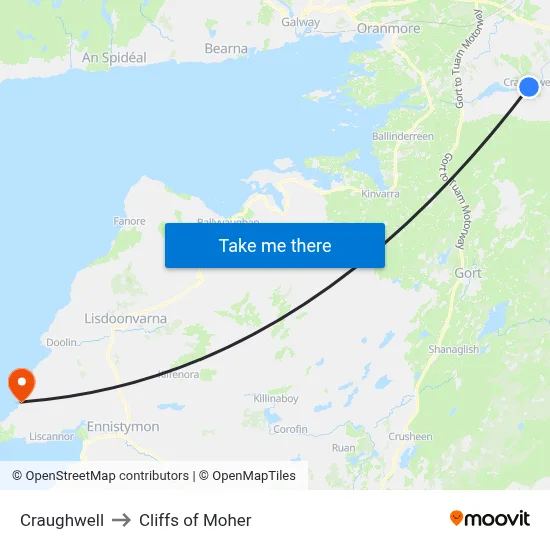 Craughwell to Cliffs of Moher map