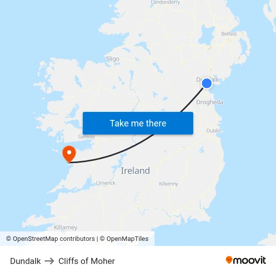 Dundalk to Cliffs of Moher map