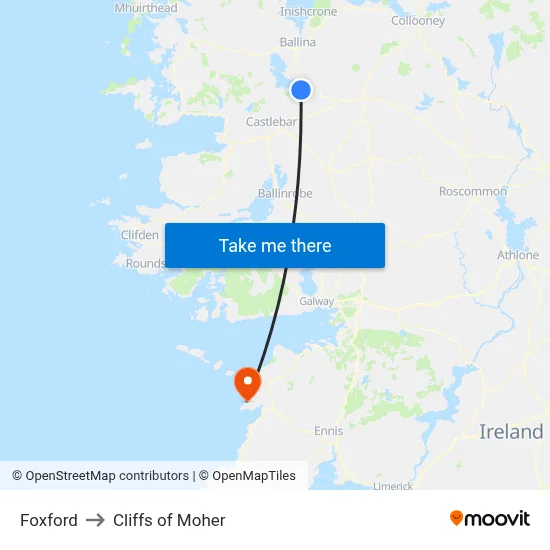 Foxford to Cliffs of Moher map