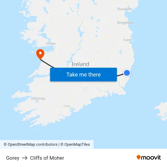 Gorey to Cliffs of Moher map