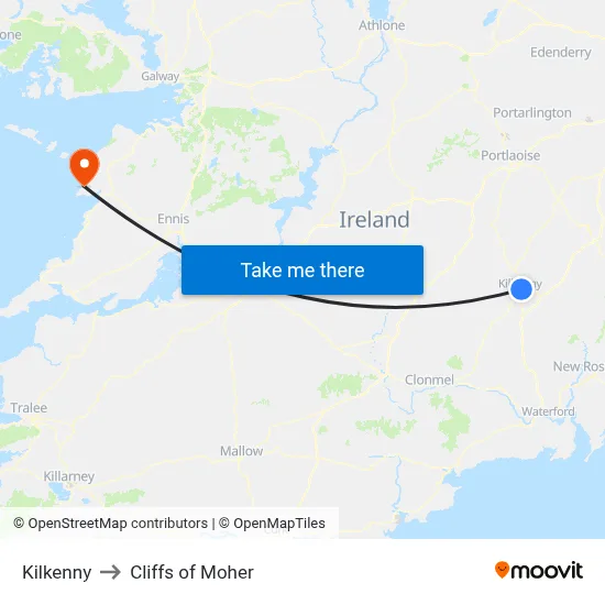 Kilkenny to Cliffs of Moher map