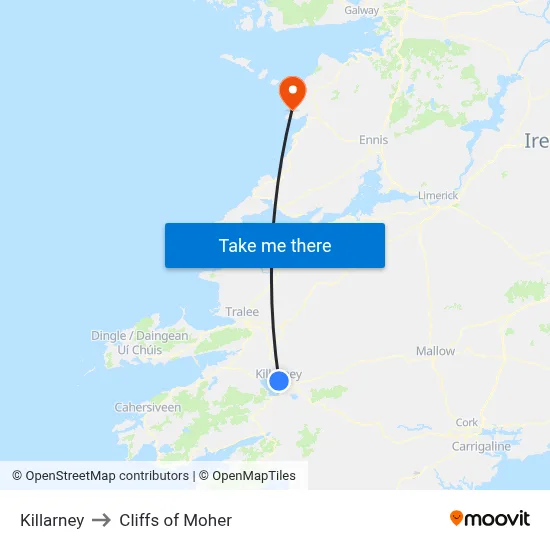 Killarney to Cliffs of Moher map