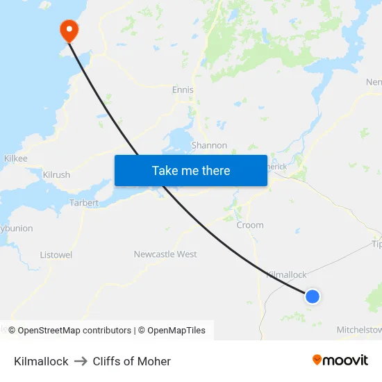 Kilmallock to Cliffs of Moher map