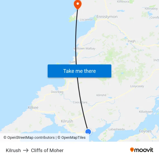 Kilrush to Cliffs of Moher map