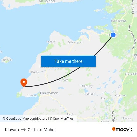 Kinvara to Cliffs of Moher map