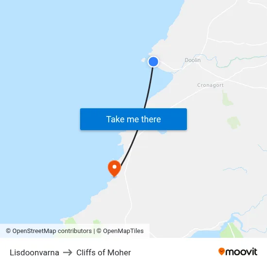 Lisdoonvarna to Cliffs of Moher map