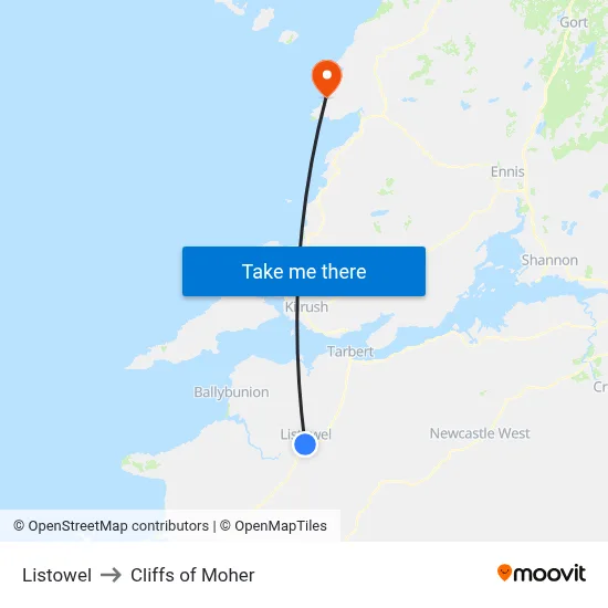 Listowel to Cliffs of Moher map