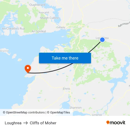 Loughrea to Cliffs of Moher map