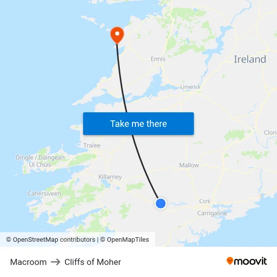 Macroom to Cliffs of Moher map