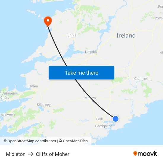 Midleton to Cliffs of Moher map
